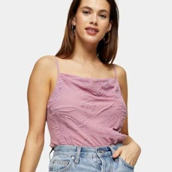 Topshop Cami Top Size 10 Pink Embroidered Square Neck Lined - Picture 1 of 7